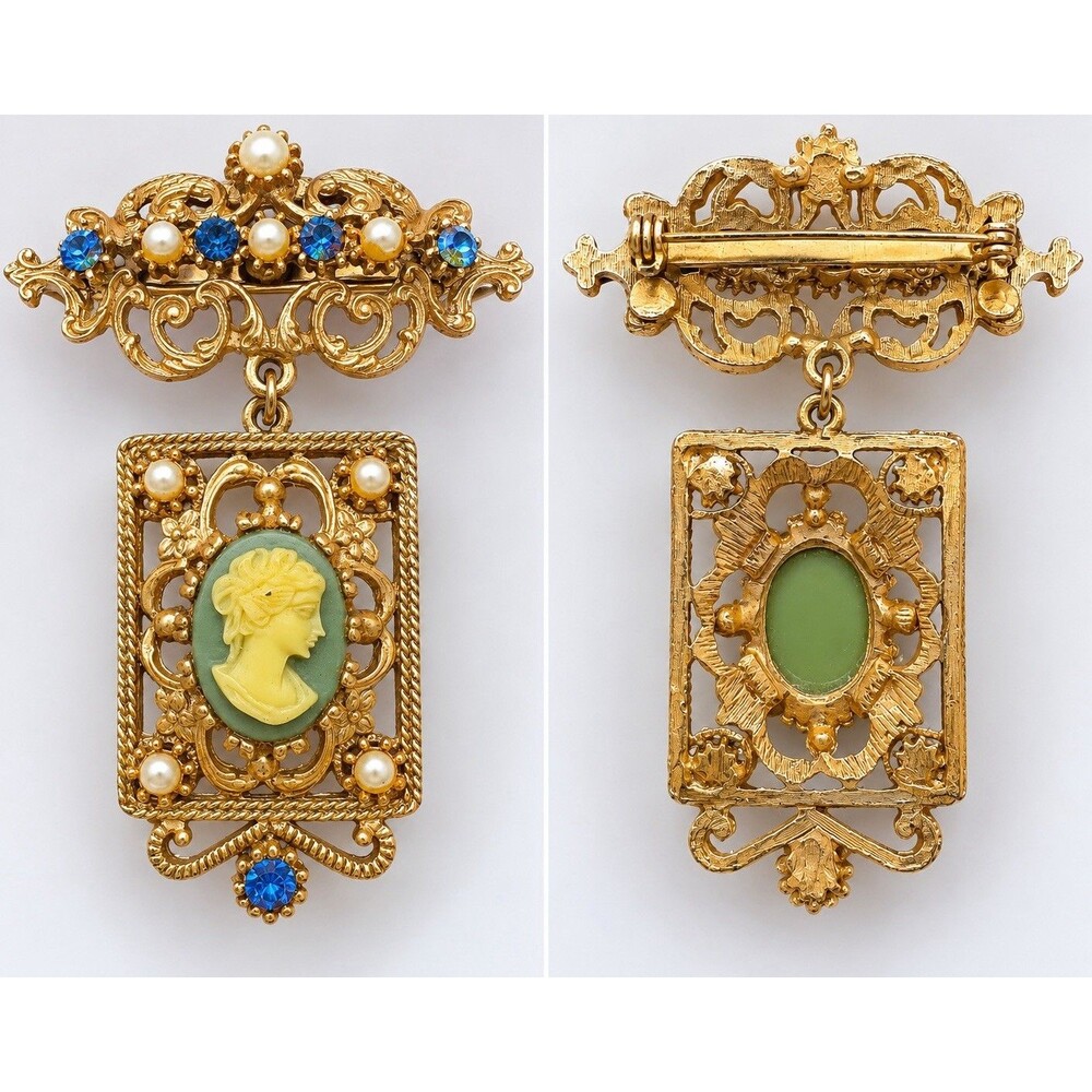 Vintage Cameo Brooch Pendant 3” Blue Rhinestone Faux Pearl Ornate Gold Tone